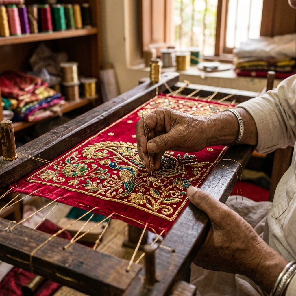 Artisan Zardozi Weaving on Loom
